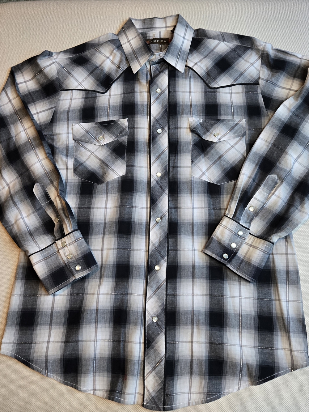Roper Men's Long Sleeve Plaid Grey Silver Threads Western Button Up Shirt Large